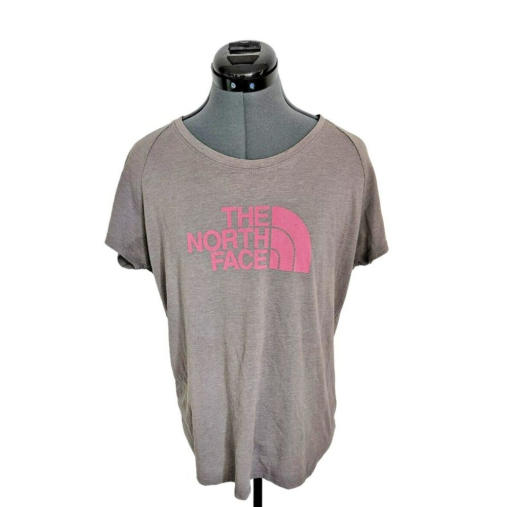 The North Face Womens XL Slim Fit Graphic Logo T-Shirt‎ Gray Pink Short Sleeve